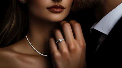 Elegant Proposal: A captivating shot of a woman's hand adorned with a glistening engagement ring, a stunning necklace, and a man's hand in the background, bathed in a soft, romantic glow.