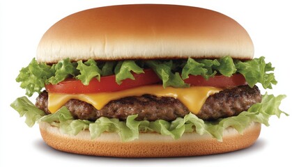 A juicy hamburger with lettuce, tomato, and cheese in a soft bun. Featuring indulgence and flavor