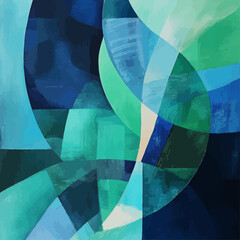 Abstract blue and green geometric painting, textured acrylic on canvas