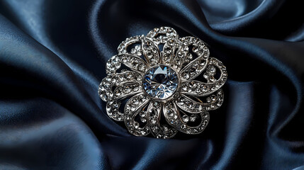 Regal Jewel Adornment: A close-up view unveils an exquisite jewel brooch, intricately designed and elegantly displayed on a lustrous silk fabric, radiating opulence and timeless beauty.