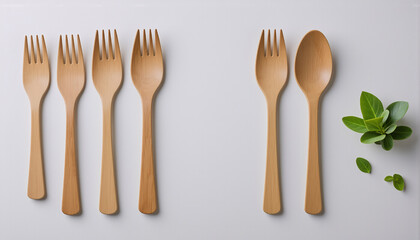 Wooden forks and spoons arranged neatly on a white surface with a small green plant add a natural and simplistic touch to a clean, minimalist aesthetic.