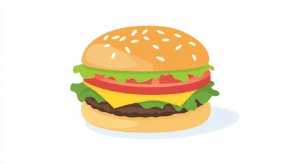 A juicy hamburger with lettuce, tomato, and cheese on a sesame bun. Featuring classic comfort food