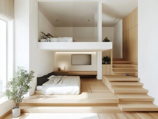 Bright Minimalist Bedroom with Elevated Sleeping Platform and Light Wood Stairs