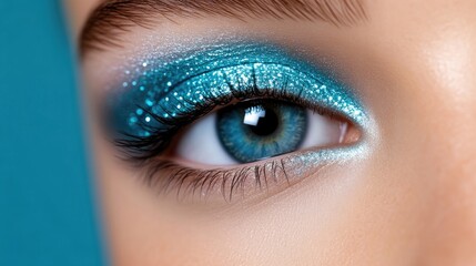 Obraz premium Close-up eye makeup, vibrant teal glitter