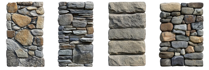 Various collection of stone wall isolated on transparent background