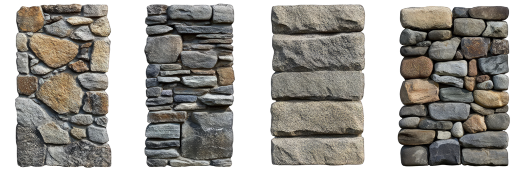 Various collection of stone wall isolated on transparent background