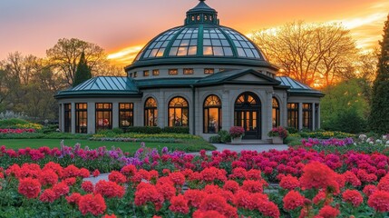 Sunset over a floral conservatory. Lush gardens surround a glass dome