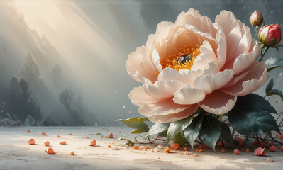 Soft pink peony flower in full bloom, delicate petals softly falling, gentle light and blurred mountain scenery.