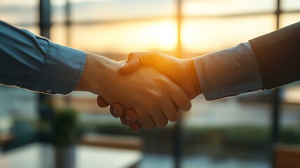 A close-up of two hands shaking, symbolizing partnership and agreement in a corporate environment. The warm sunlight creates a positive atmosphere for constructive collaboration.