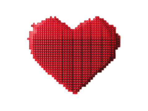 Pixel art heart in classic 8-bit style with visible square pixels on white background