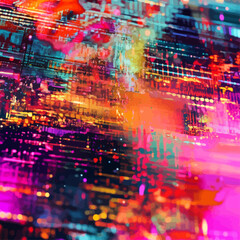 Abstract Digital Circuit Board, Glowing Data Flow, Vivid Color, Close-up View
