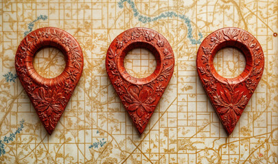 Three intricately carved wooden location pins set against a vintage map background, perfect for travel-themed projects, navigation, or artistic design.