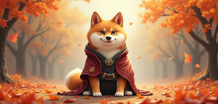 A charming Shiba Inu wearing a cloak, surrounded by vibrant autumn foliage, embodying a whimsical, fairy-tale-like atmosphere perfect for pet-related designs or fall promotions.