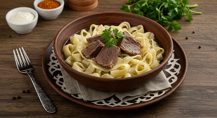 Fototapeta premium Serving of Kazakh Beshbarmak with Noodles and Beef on Wood Table