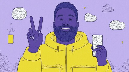 Smiling man in a yellow hoodie, peace sign, holding phone