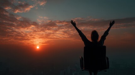 Fototapeta premium Silhouette of Person on Chair Against Vibrant Sunset Sky