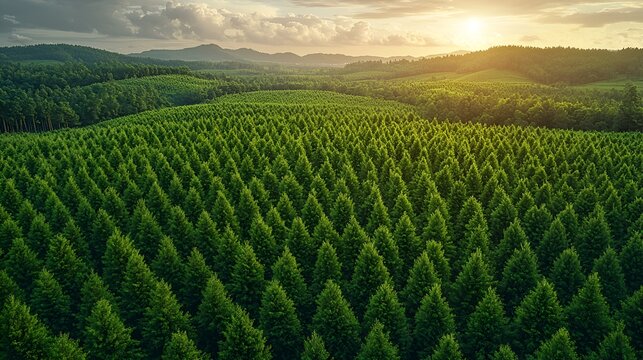 Aerial view of a vast, lush green pine forest plantation at sunset.