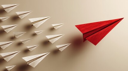 Red Paper Plane Leads White Planes in Flight on Neutral Background