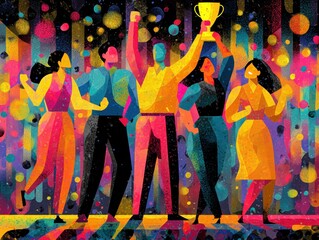 Celebrating Team Success with Award and Colorful Confetti Background