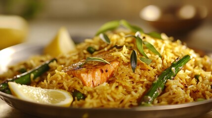 A perfectly grilled salmon fillet with asparagus and lemon wedges. Featuring healthy indulgence