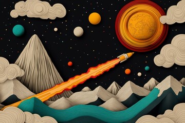 Pixel Art Rocket Launch Over Mountains in a Vibrant Cosmos