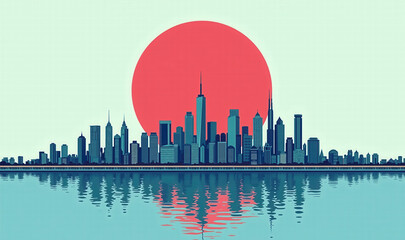 Fototapeta premium A vibrant, stylized skyline with a large sun setting behind, perfect for urban-themed projects, marketing materials, and artistic presentations.
