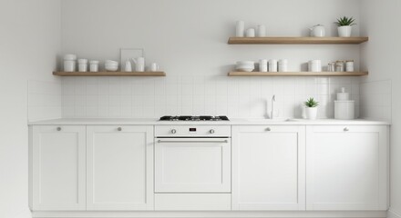 Minimalist All-White Kitchen with Built-in Oven and Floating Wooden Shelves
