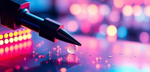 Microscopic probe manipulating glowing sample on sleek surface, science, sample