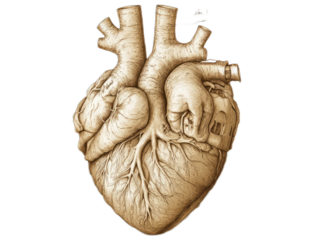 Vintage anatomical heart drawing with labeled parts in sepia tones on white background