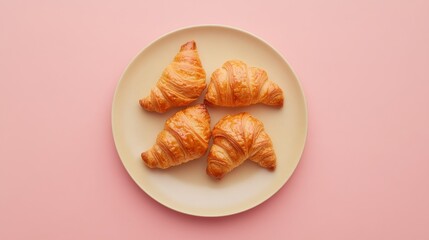 A plate of buttery croissants with golden layers and flaky texture. Featuring indulgence and comfort