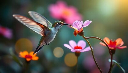 Naklejka premium Hummingbird sips nectar from delicate blossom amid a symphony of colors