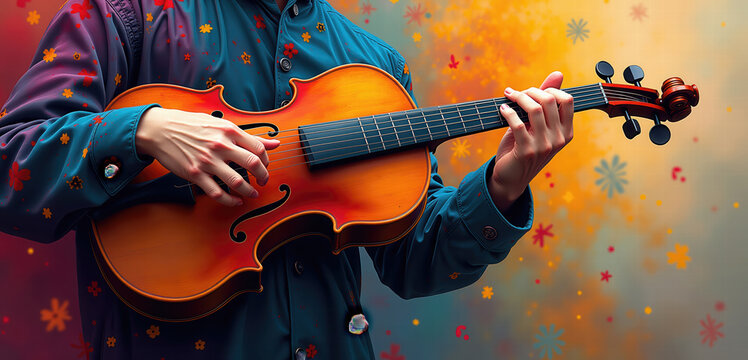 A musician passionately playing a violin, set against a colorful, abstract background. Perfect for music, art, and event promotion.