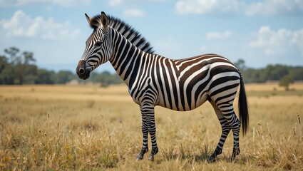 Naklejka premium A majestic zebra stands gracefully in a golden savannah, embodying the beauty of the wild with its striking black and white stripes.