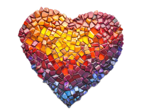 Mosaic heart made from tiny colored tiles in gradient pattern on white background