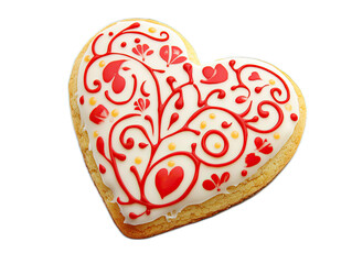 Heart shaped cookie with royal icing decoration in intricate pattern on white background