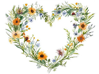 Floral heart wreath with wildflowers and greenery in circular arrangement on white background