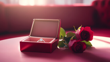 Everlasting Promise: A diamond ring awaits within a crimson case beside delicate roses, symbolizing a proposal and lasting love in a tender moment.