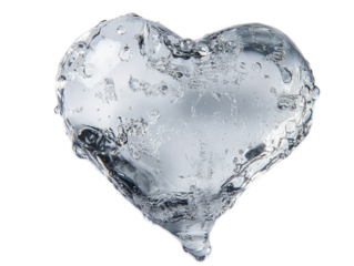 Melting ice heart with water droplets and transparent glossy surface on white background