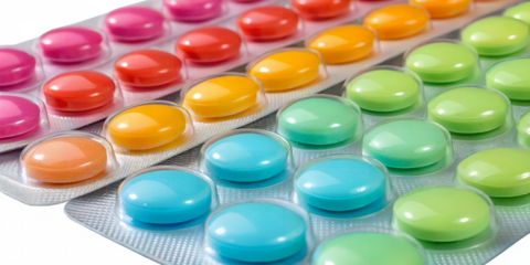 Vibrant Tablets in Focus: A collection of colorful tablets in blister packs, offering a visually appealing representation of healthcare and medication.