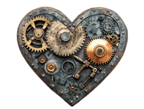 Steampunk heart with gears, cogs and brass mechanical parts on white background