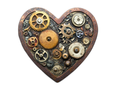 Steampunk heart with gears, cogs and brass mechanical parts on white background