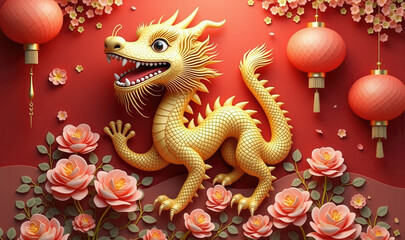 Fototapeta premium A vibrant golden dragon amidst pink roses and red lanterns, symbolizing prosperity and good fortune for festivals and celebrations. Perfect for cultural and decorative themes.