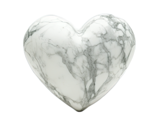 Marble heart with natural stone veining in white and gray tones on white background