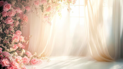Floral Elegance: A breathtaking display of soft, pastel roses frames a window, their delicate petals spilling into the room, bathed in the warm, ethereal glow of natural light and gentle curtain.