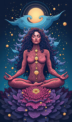 A vibrant and mystical representation of meditation and spirituality, featuring a serene figure amidst cosmic elements and floral motifs, perfect for wellness and art themes.