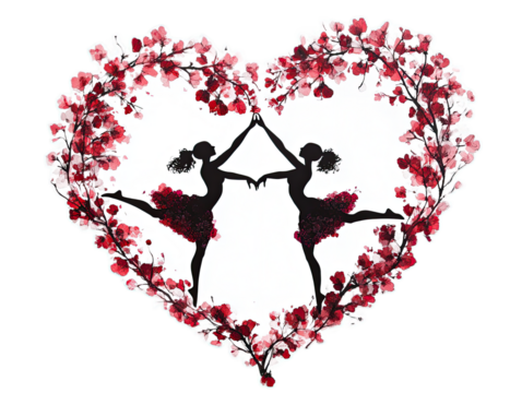 Heart formed by two dancers in silhouette reaching toward each other on white background