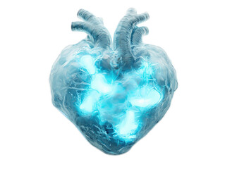 Bioluminescent heart glowing in ethereal blue light on white background