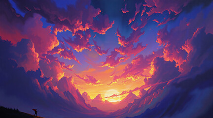 A vibrant sky at dusk is filled with dramatic, colorful clouds in shades of orange, pink, and blue. A silhouette of a person stands at the edge, gazing at the breathtaking scenery.