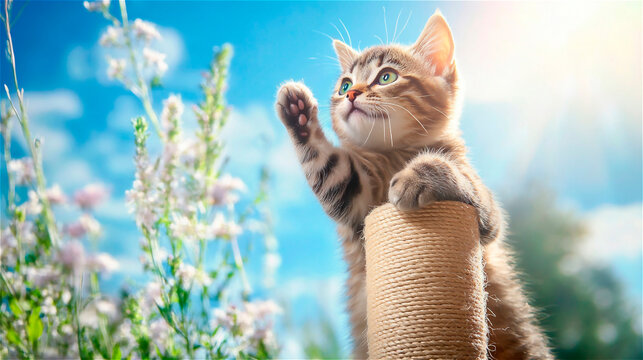Playful tabby kitten reaches up from scratching post, with flowers and blue sky in background. Bright and cheerful scene evokes joy of spring.