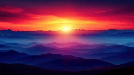Obraz premium Vibrant sunrise over majestic mountain range. Layers of peaks bathed in colorful light